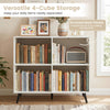 White 4-cube wooden bookshelf with 5 metal legs, featuring enclosed back panels for stability and easy cleaning.