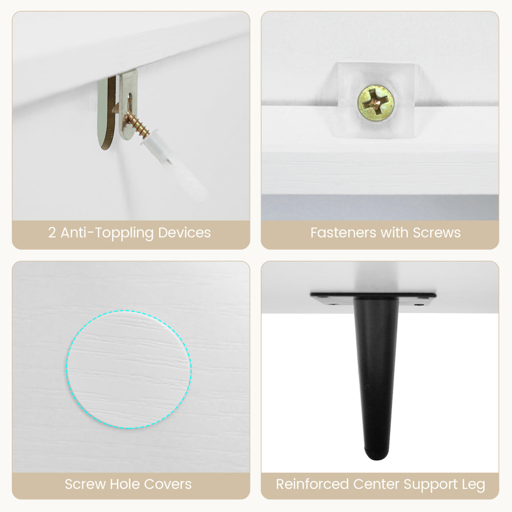 Detail shots of the 4-cube wooden bookshelf showcasing anti-toppling devices, fasteners, screw hole covers, and a reinforced leg.