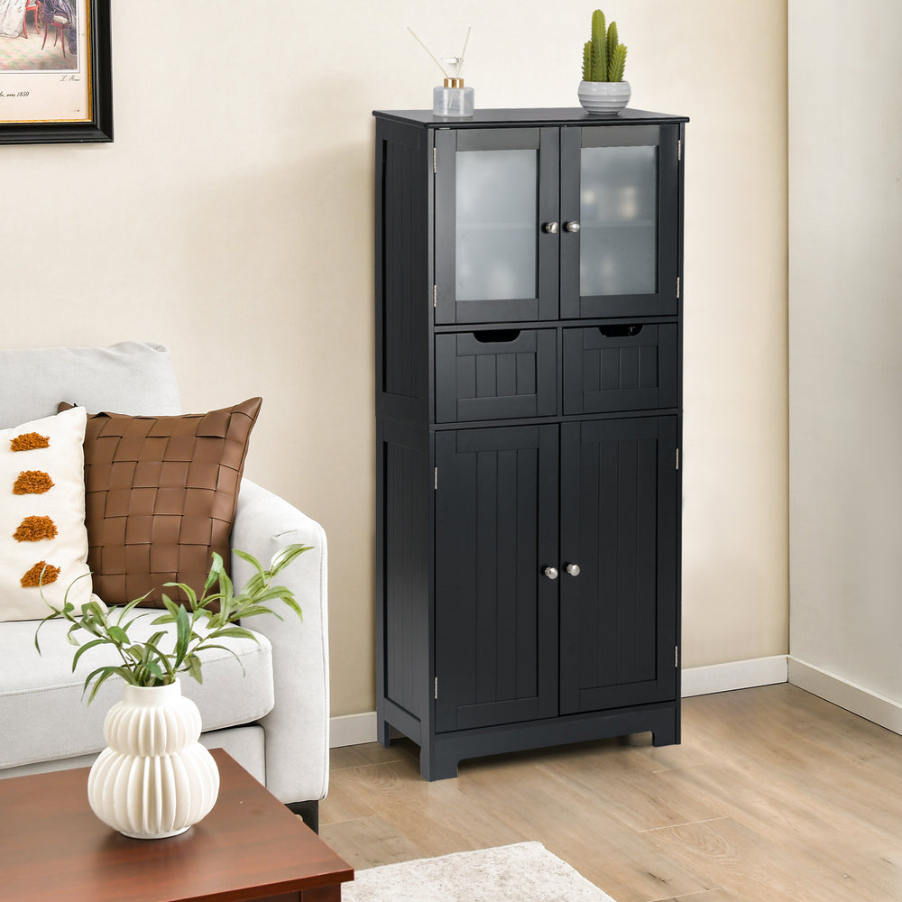 Black 4-door freestanding storage cabinet with glass doors and 2 drawers, ideal for bathroom or living room.