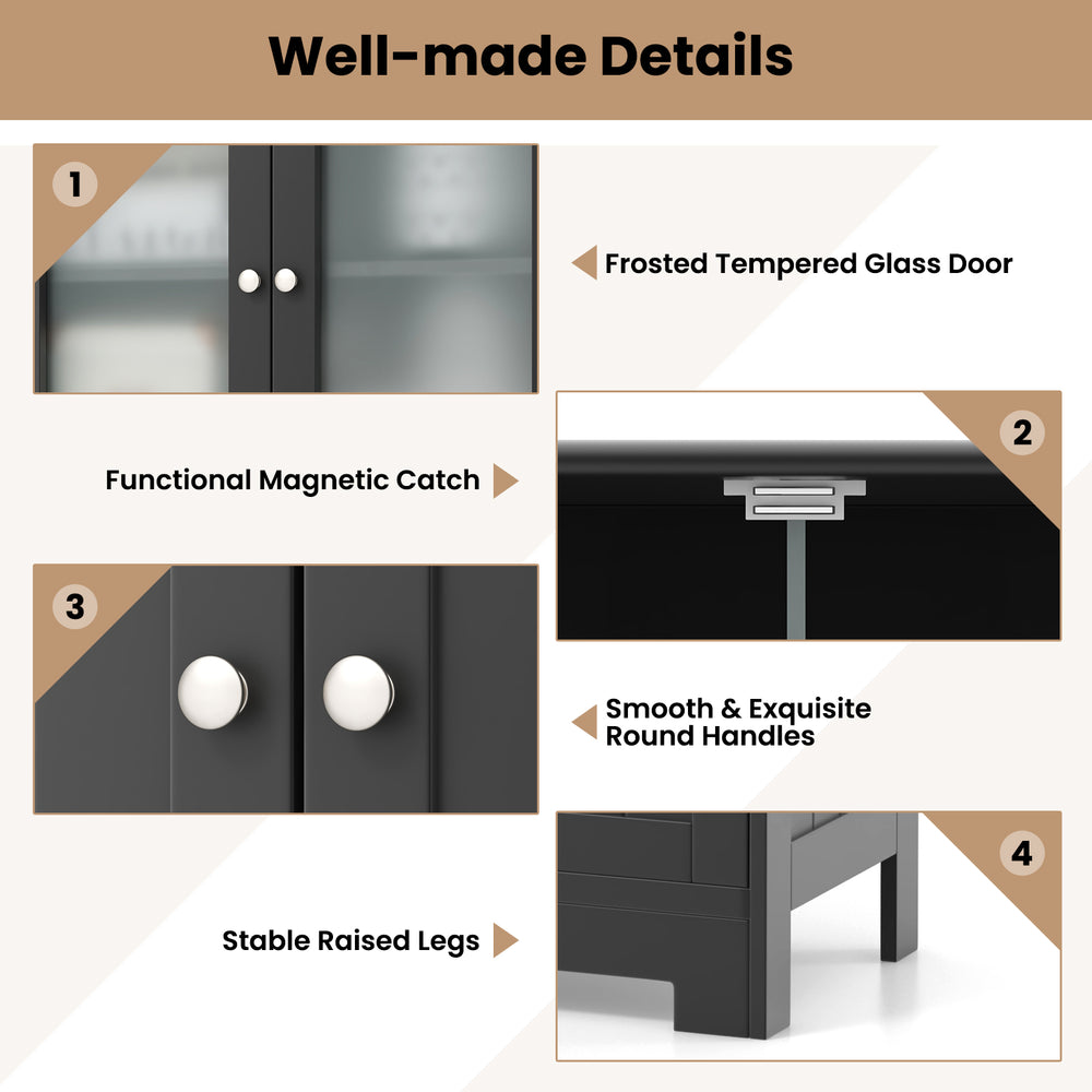 Freestanding black bathroom storage cabinet featuring frosted glass doors, round handles, and raised legs for stability.