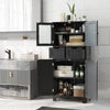 Freestanding black bathroom storage cabinet with 4 doors, 2 drawers, and adjustable shelves for organized space.