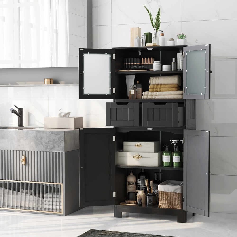 Freestanding black bathroom storage cabinet with 4 doors, 2 drawers, and adjustable shelves for organized space.