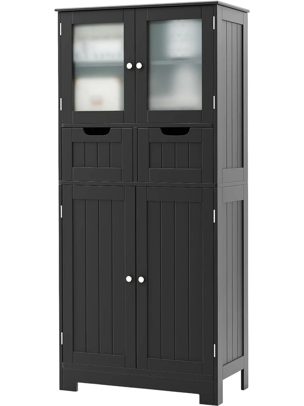 Freestanding black bathroom storage cabinet with glass doors, two drawers, and adjustable shelves for versatile.