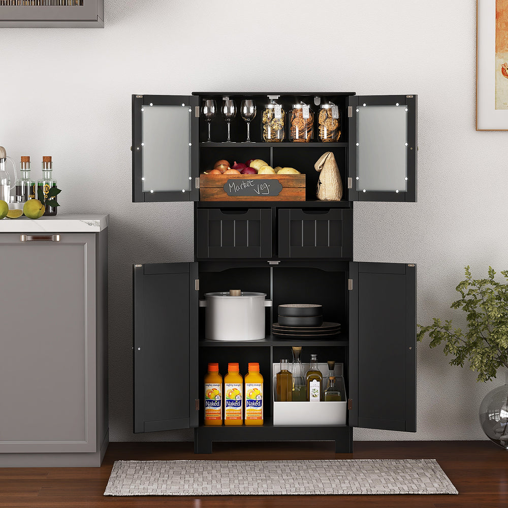 Freestanding black storage cabinet with glass doors, 2 drawers, and adjustable shelves for versatile organization.