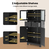 Freestanding black bathroom storage cabinet with adjustable shelves, glass doors, and two drawers for versatile.