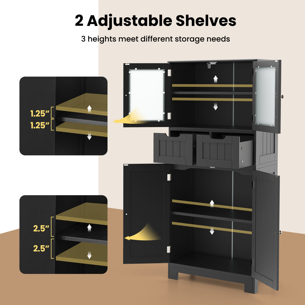 Freestanding black bathroom storage cabinet with adjustable shelves, glass doors, and two drawers for versatile.