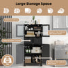 Freestanding black bathroom storage cabinet with glass doors, 2 drawers, and adjustable shelves for versatile.