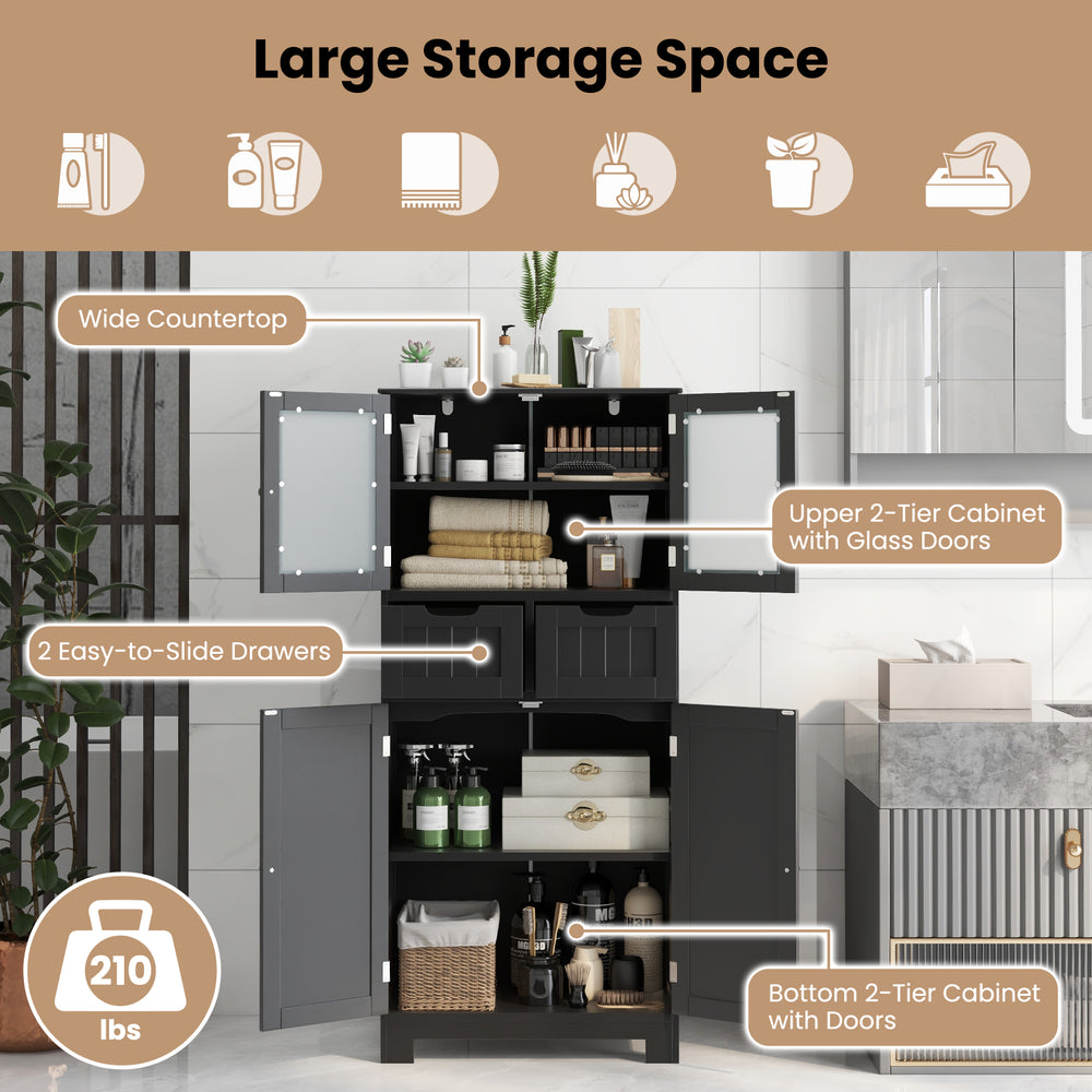 Freestanding black bathroom storage cabinet with glass doors, 2 drawers, and adjustable shelves for versatile.