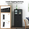 Freestanding black bathroom storage cabinet with glass doors, 2 drawers, and anti-toppling devices for safety.