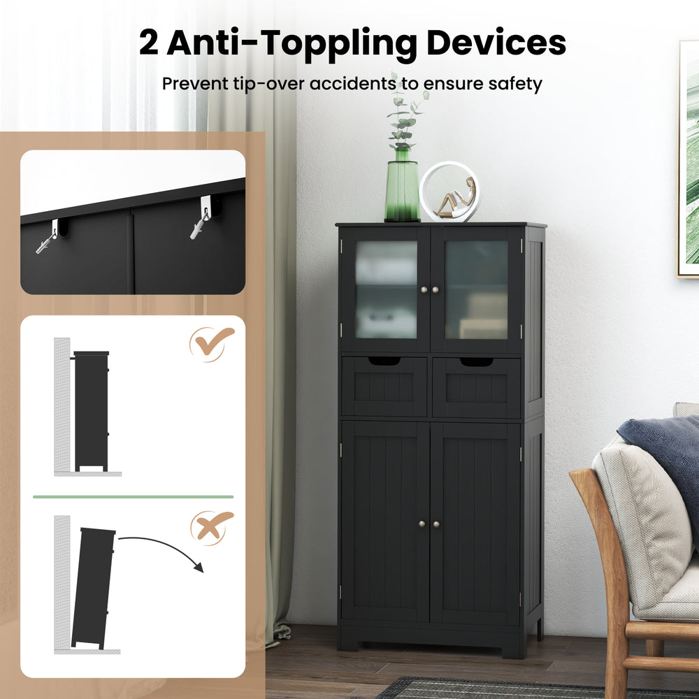 Freestanding black bathroom storage cabinet with glass doors, 2 drawers, and anti-toppling devices for safety.