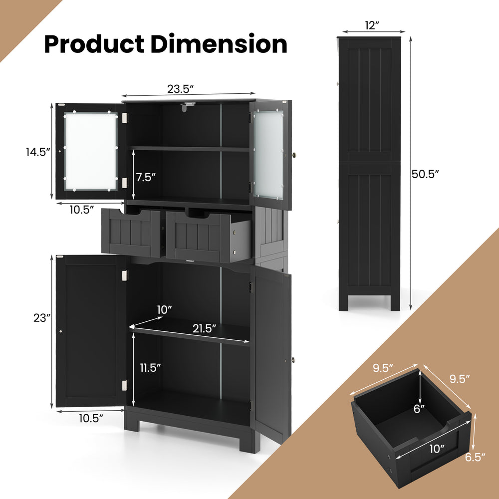 Freestanding black bathroom storage cabinet with 4 doors, 2 drawers, and adjustable shelves for versatile organization.
