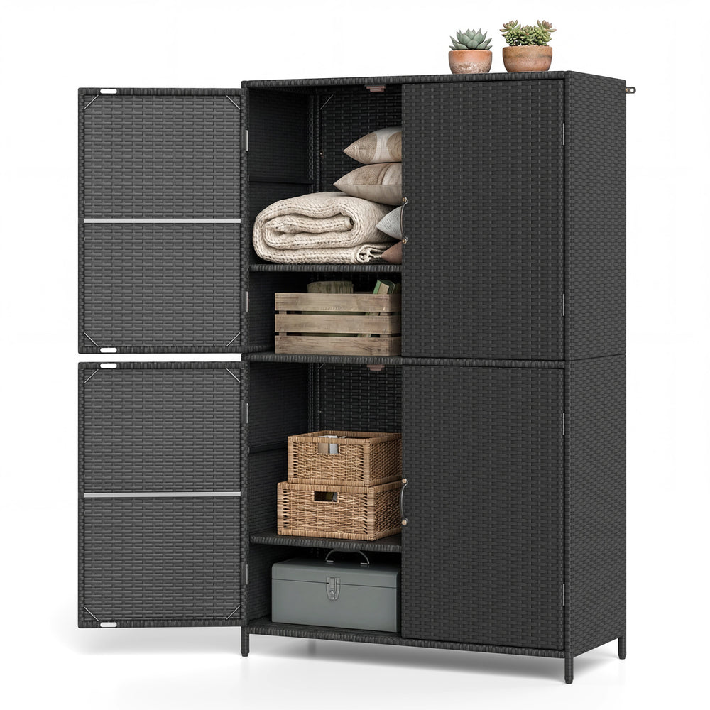 Adjustable shelves inside the black rattan vertical storage shed, perfect for organizing items in outdoor spaces.