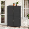 4-door black rattan vertical storage shed with adjustable shelves, ideal for gardens and outdoor spaces.