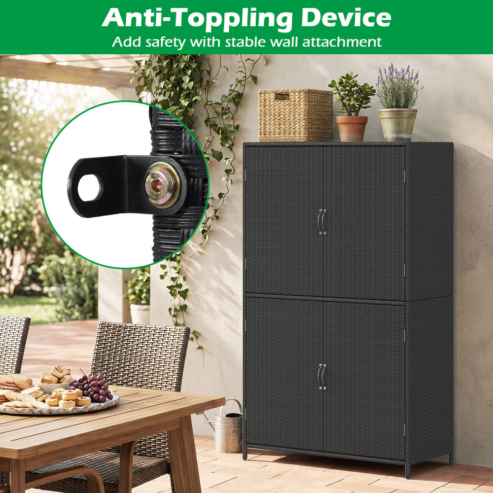 4-door black rattan vertical storage shed with adjustable shelves, featuring an anti-toppling device for safety.