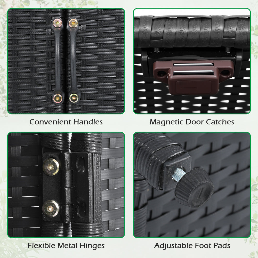 Convenient handles and magnetic door catches on the black 4-door rattan storage shed for easy access and stability.
