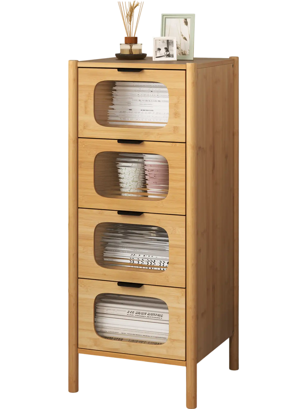 4-drawer bamboo storage cabinet with fluted tempered glass drawers, ideal for organizing belongings in a modern living.