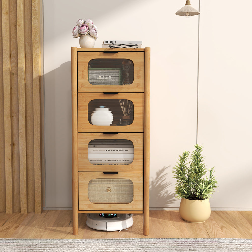 4-drawer bamboo storage cabinet with fluted tempered glass drawers, perfect for organizing belongings in a mid-century.