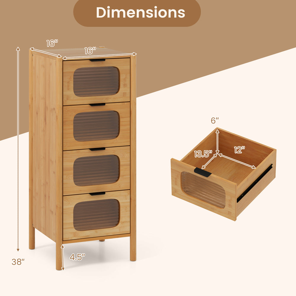 4-drawer bamboo storage cabinet with fluted tempered glass drawers, showcasing dimensions and design for organized.