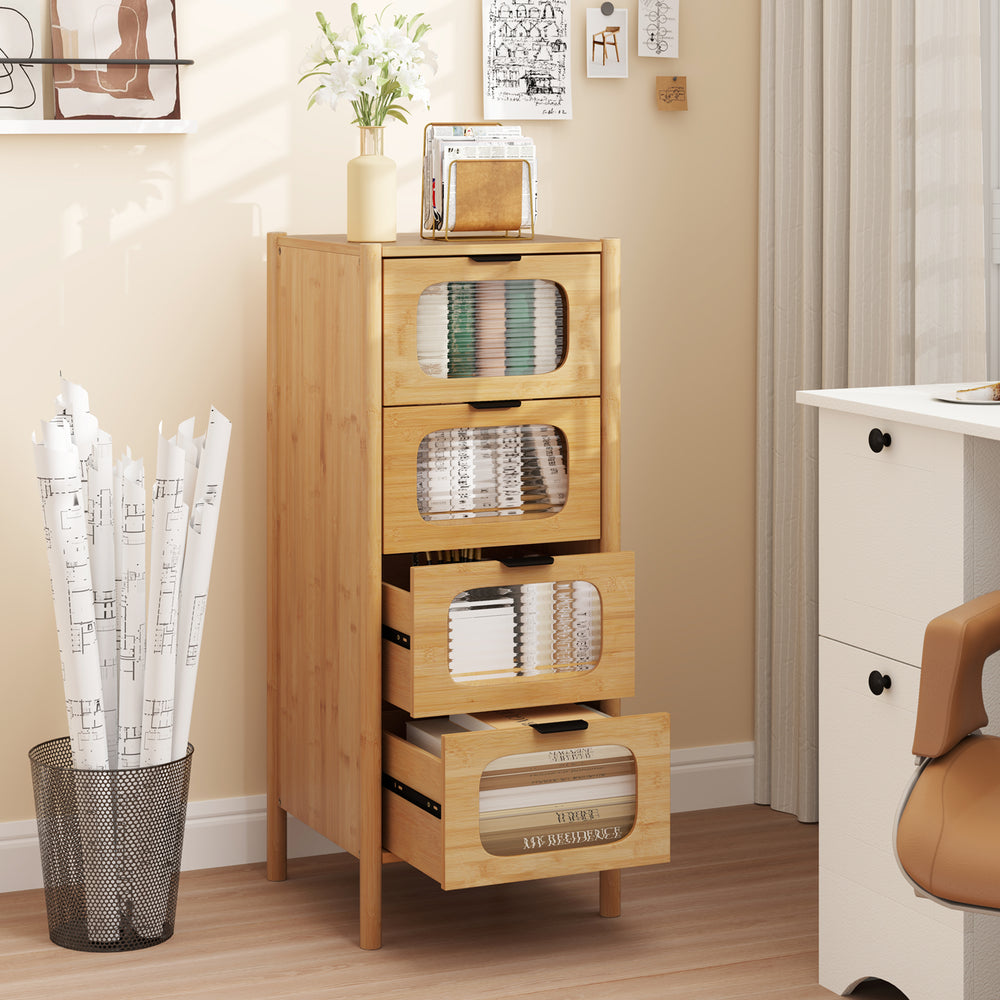 4-drawer bamboo storage cabinet with fluted tempered glass drawers, ideal for organizing belongings in a modern space.