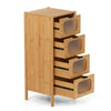 4-drawer bamboo dresser with fluted tempered glass drawers, featuring a natural finish and mid-century modern design.