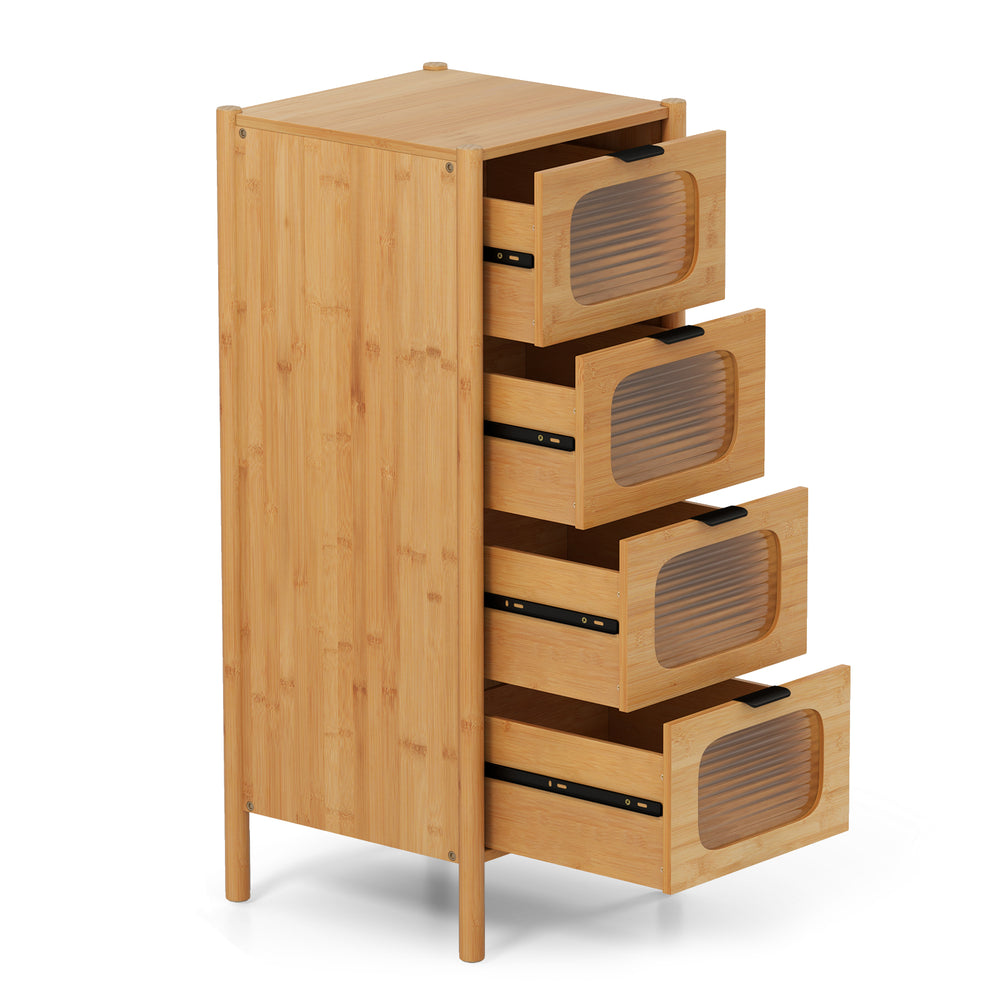 4-drawer bamboo dresser with fluted tempered glass drawers, featuring a natural finish and mid-century modern design.