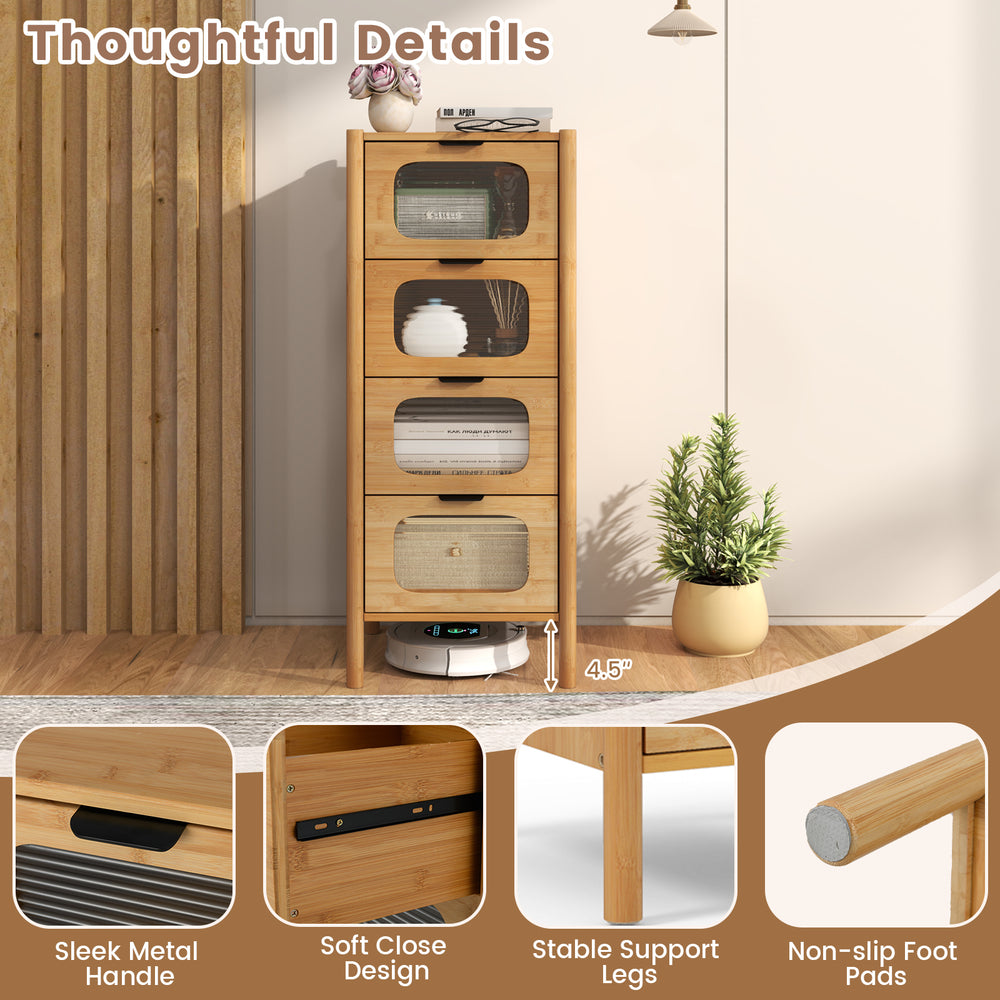 4-drawer bamboo storage cabinet with fluted tempered glass drawers, sleek metal handle, and non-slip foot pads for.