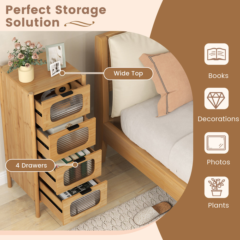 4-drawer bamboo storage cabinet with fluted tempered glass drawers, perfect for organizing photos and plants in a.