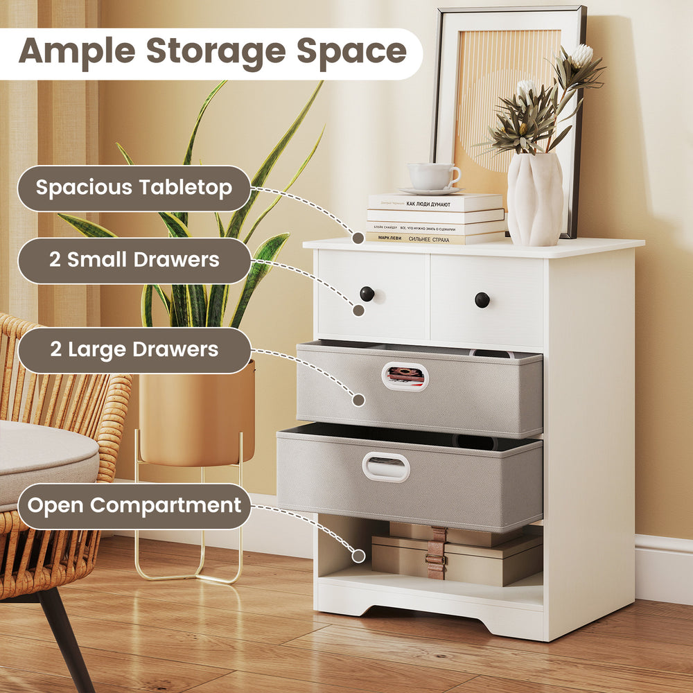 4-drawer white dresser with spacious tabletop, two large and two small drawers, and open compartment for versatile.