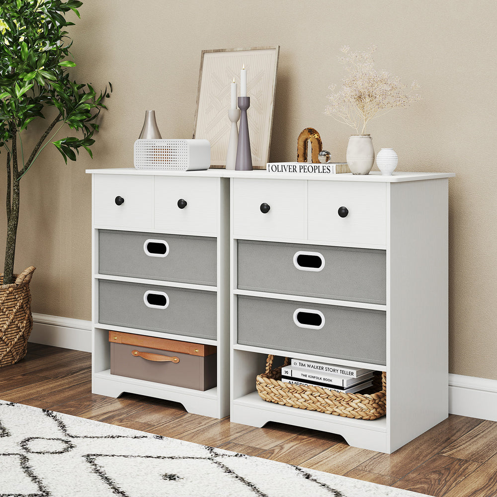 Modern 4-drawer dresser in white with open shelves, featuring removable fabric drawers and a sleek, easy-to-maintain.