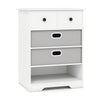 Modern white 4-drawer dresser with open shelves, featuring removable fabric drawers and a spacious tabletop for.