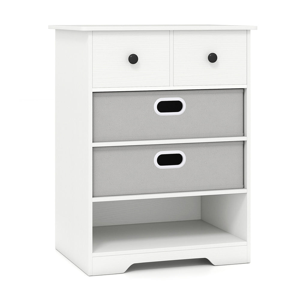 Modern white 4-drawer dresser with open shelves, featuring removable fabric drawers and a spacious tabletop for.