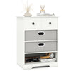 4-drawer white dresser with open shelves, featuring removable fabric drawers and smooth metal slides for easy access.