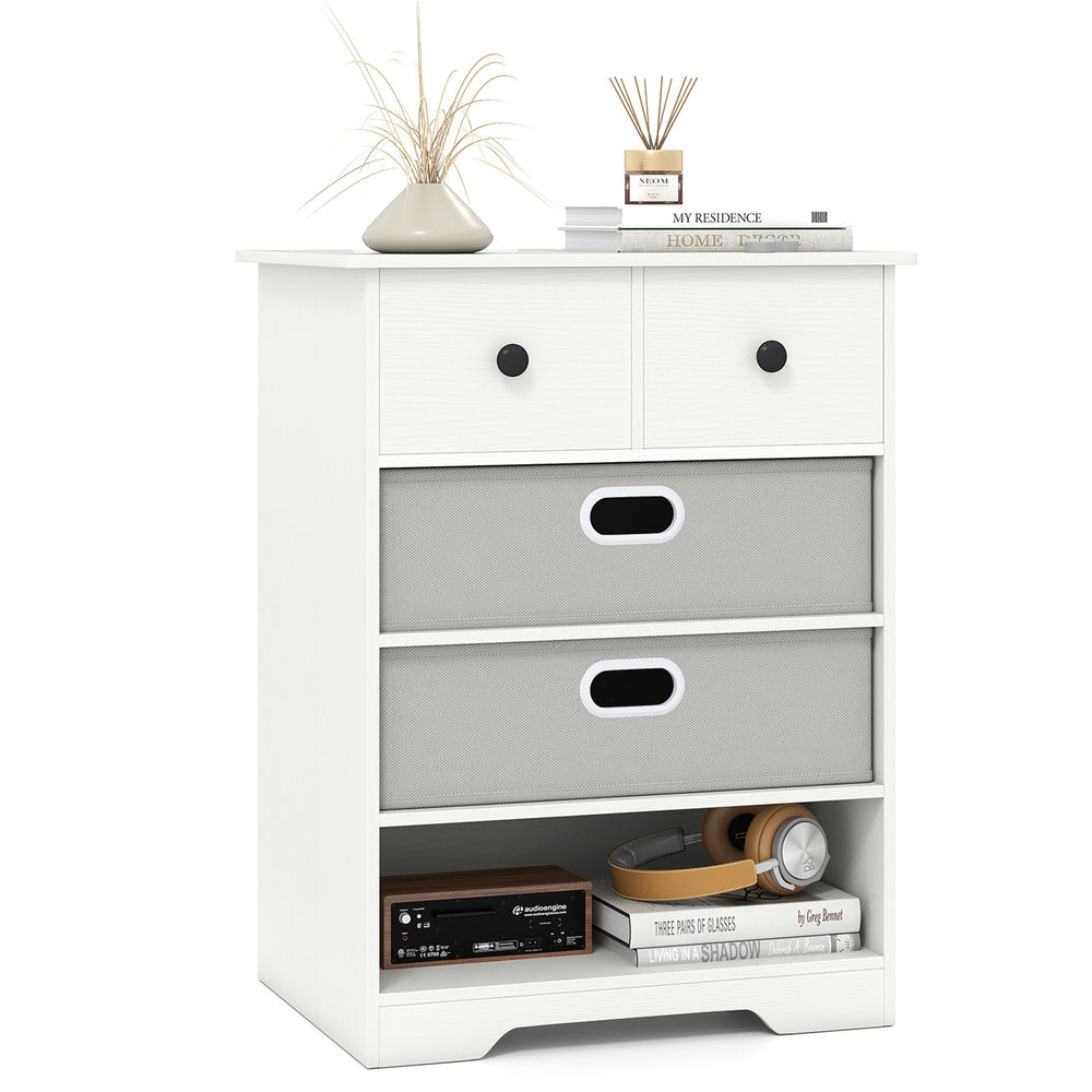 4-drawer white dresser with open shelves, featuring removable fabric drawers and smooth metal slides for easy access.