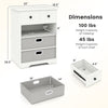 4-drawer dresser with open shelves in white, featuring dimensions and weight capacities for versatile storage solutions.