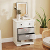 White 4-drawer dresser with built-in knobs and smooth metal slides, featuring a spacious tabletop for decorative items.