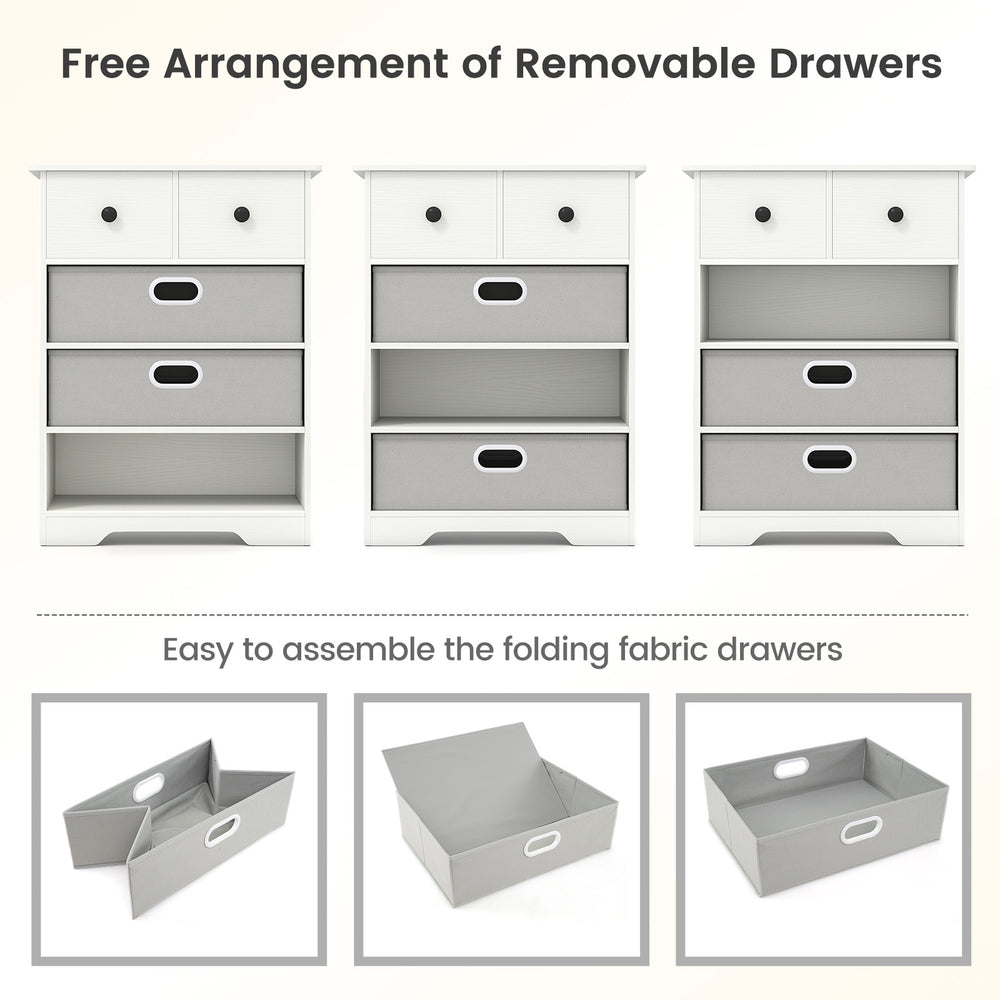 4-drawer white dresser with removable fabric drawers and open shelves, ideal for versatile storage solutions.