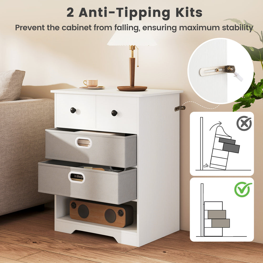 4-drawer white dresser with open shelves, featuring anti-tipping kits for stability and removable fabric drawers.
