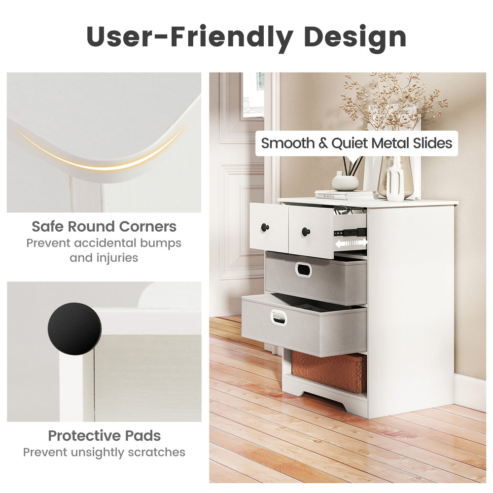 4-drawer modern dresser in white with smooth metal slides, safe round corners, and protective pads for stability.