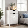 4-drawer white wooden dresser with minimalist design, cut-out handles, and anti-tipping kits for bedroom organization.