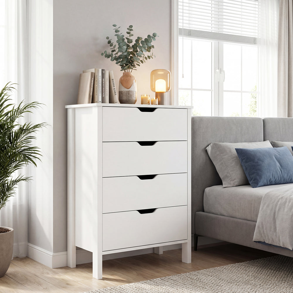 4-drawer white wooden dresser with minimalist design, cut-out handles, and anti-tipping kits for bedroom organization.