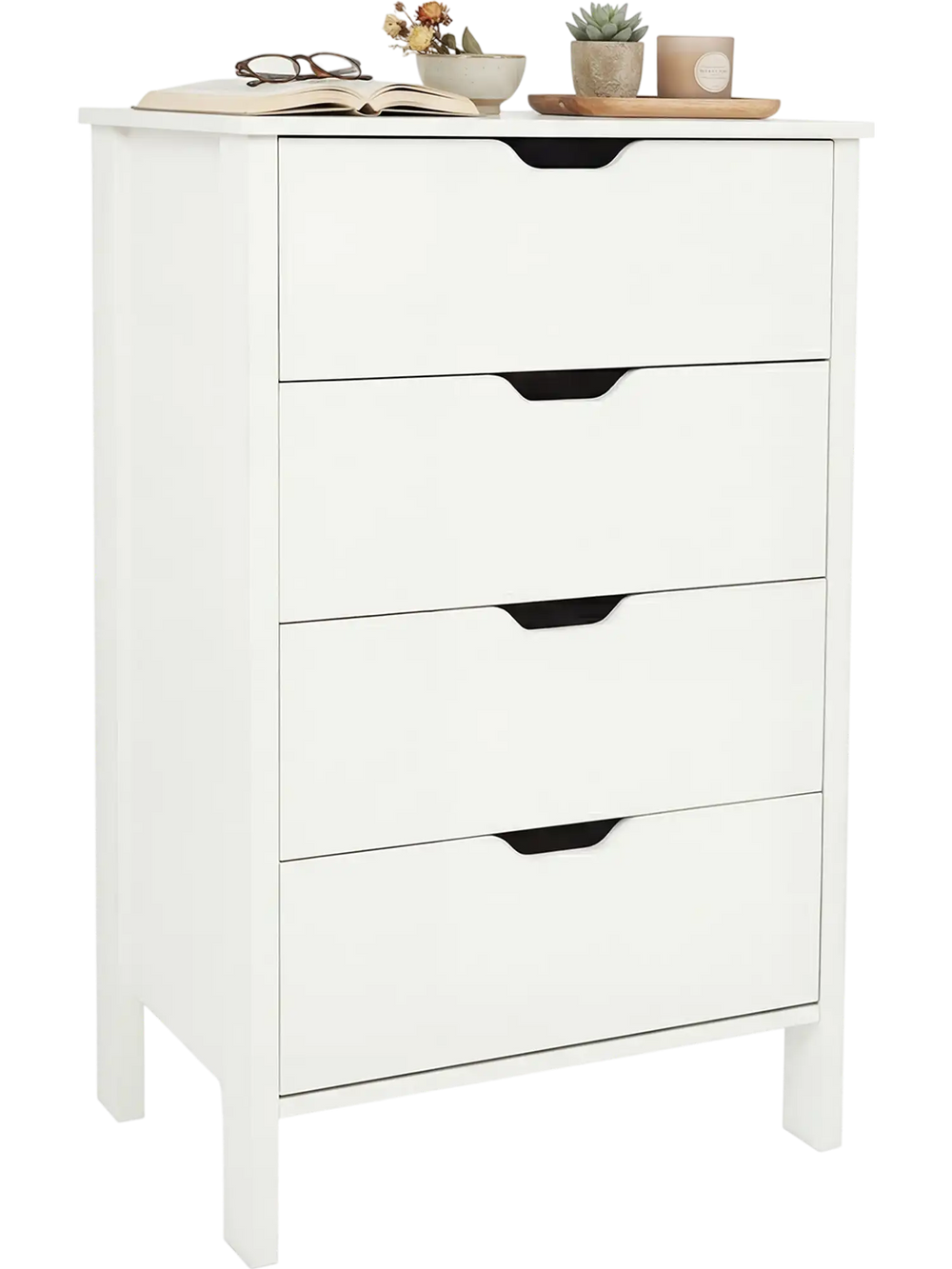 4-drawer wooden dresser in white with minimalist design, featuring anti-tipping kits and cut-out handles for easy.
