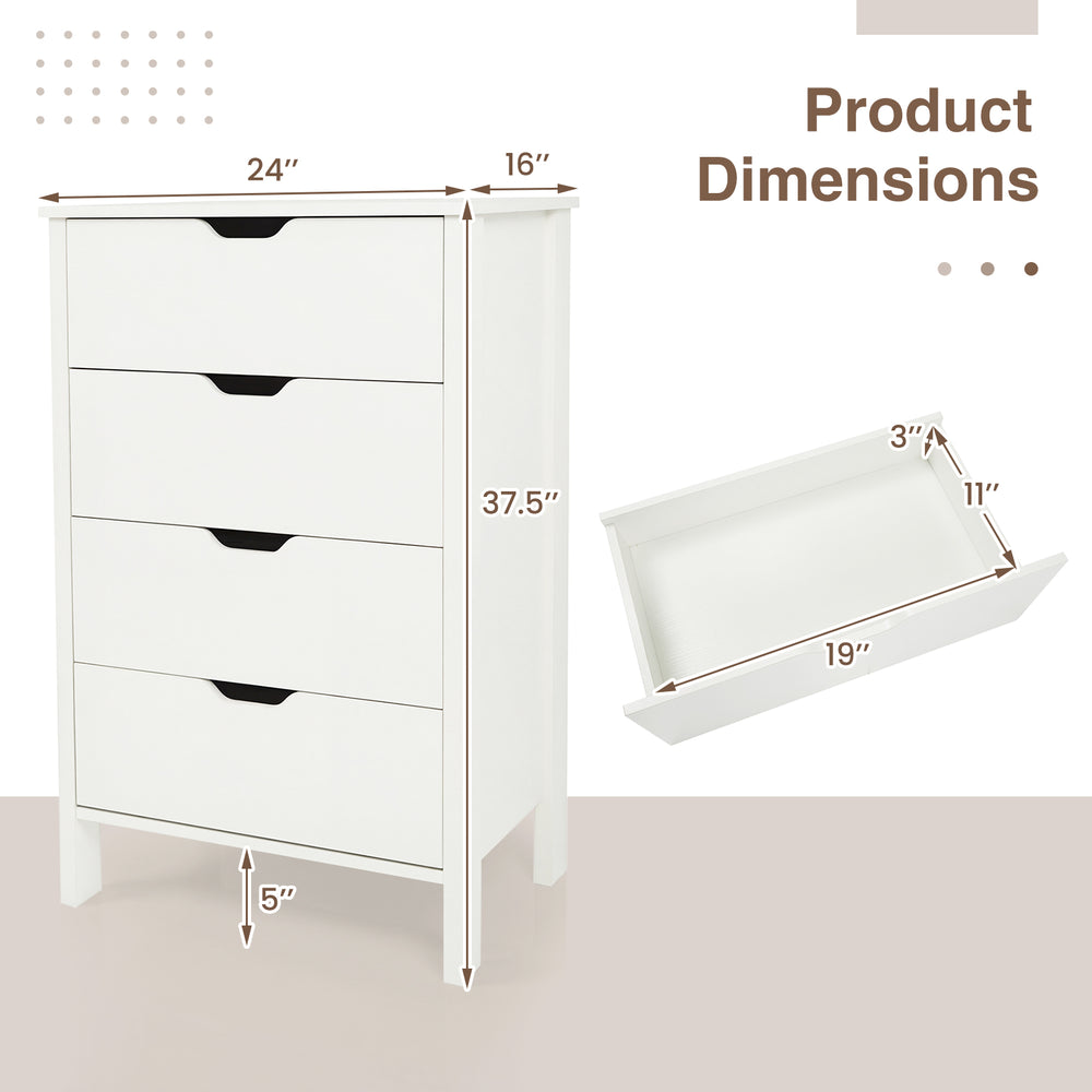 4-drawer wooden nightstand in white with dimensions, featuring anti-tipping kits and minimalist design for versatile.
