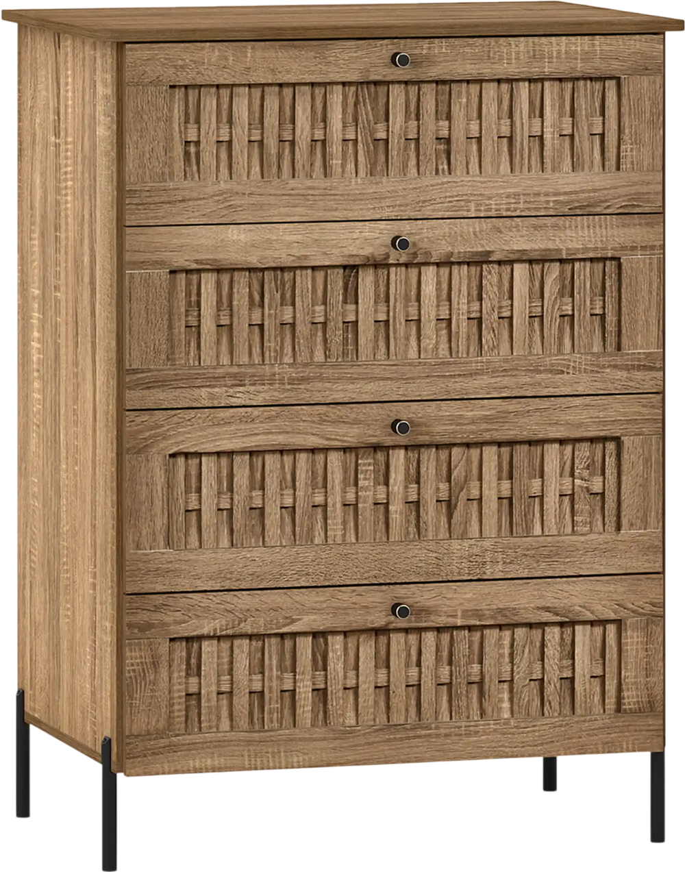 4-drawer dresser in oak with rattan-textured fronts and metal legs, ideal for stylish bedroom storage.