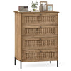 4-drawer dresser with oak wood grain finish and rattan-textured fronts, featuring metal legs for bedroom storage.