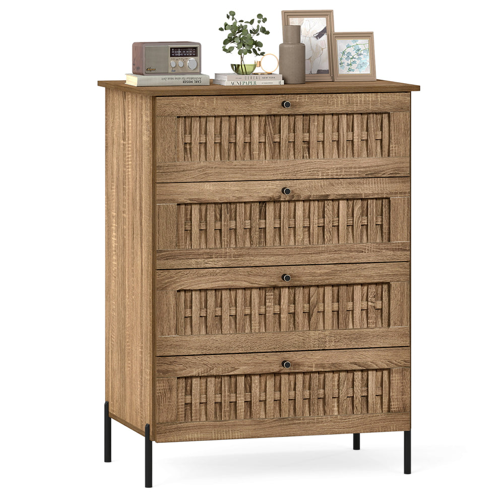 4-drawer dresser with oak wood grain finish and rattan-textured fronts, featuring metal legs for bedroom storage.