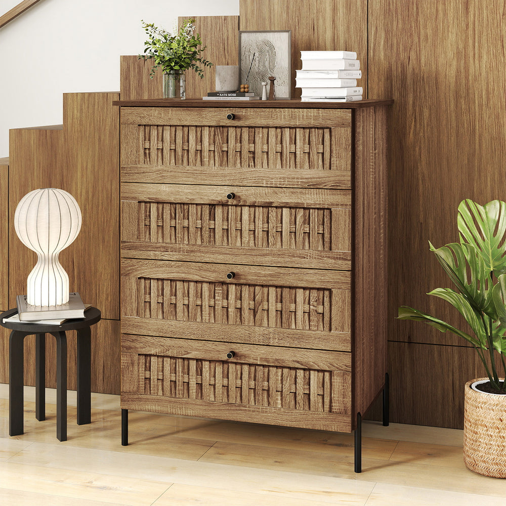 4-drawer dresser in oak with rattan-textured fronts and metal legs, perfect for stylish bedroom storage.