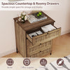4-drawer dresser in oak with rattan-textured fronts, featuring spacious storage and sturdy metal legs for bedroom use.