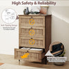 4-drawer dresser in oak with rattan-textured fronts, interlocking mechanism, and metal legs for bedroom storage.