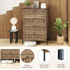 4-drawer dresser with oak wood grain finish, rattan-textured fronts, and metal legs, ideal for bedroom storage.