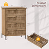 4-drawer dresser with oak finish, rattan-textured fronts, and metal legs, featuring dimensions for bedroom storage.